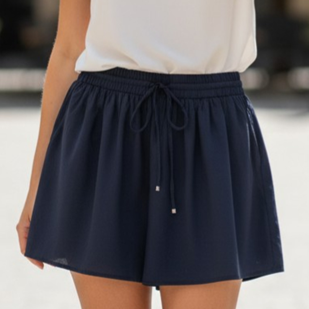 MNG Casual Navy Blue Flowy Skirt Size Medium Elastic Waist Drawstring Pockets